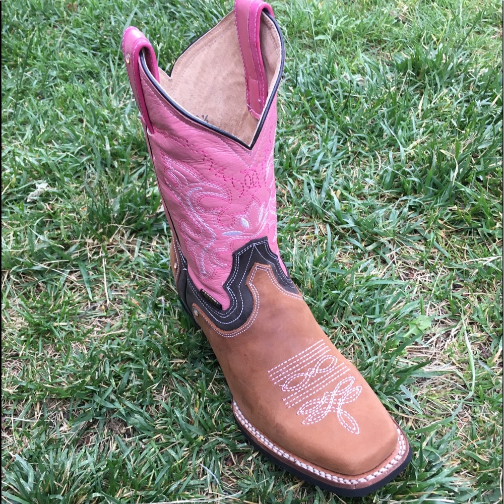 Women’s Cowgirl Rodeo Leather Boots Tan & Pink Color Bota dama Vaquera Rosa 950